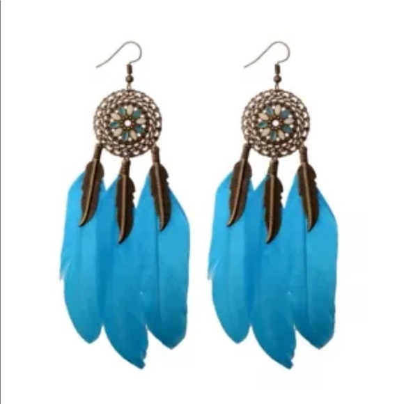 🌙 Teal feather drop earrings dangle BUNDLE Save - Picture 3 of 5